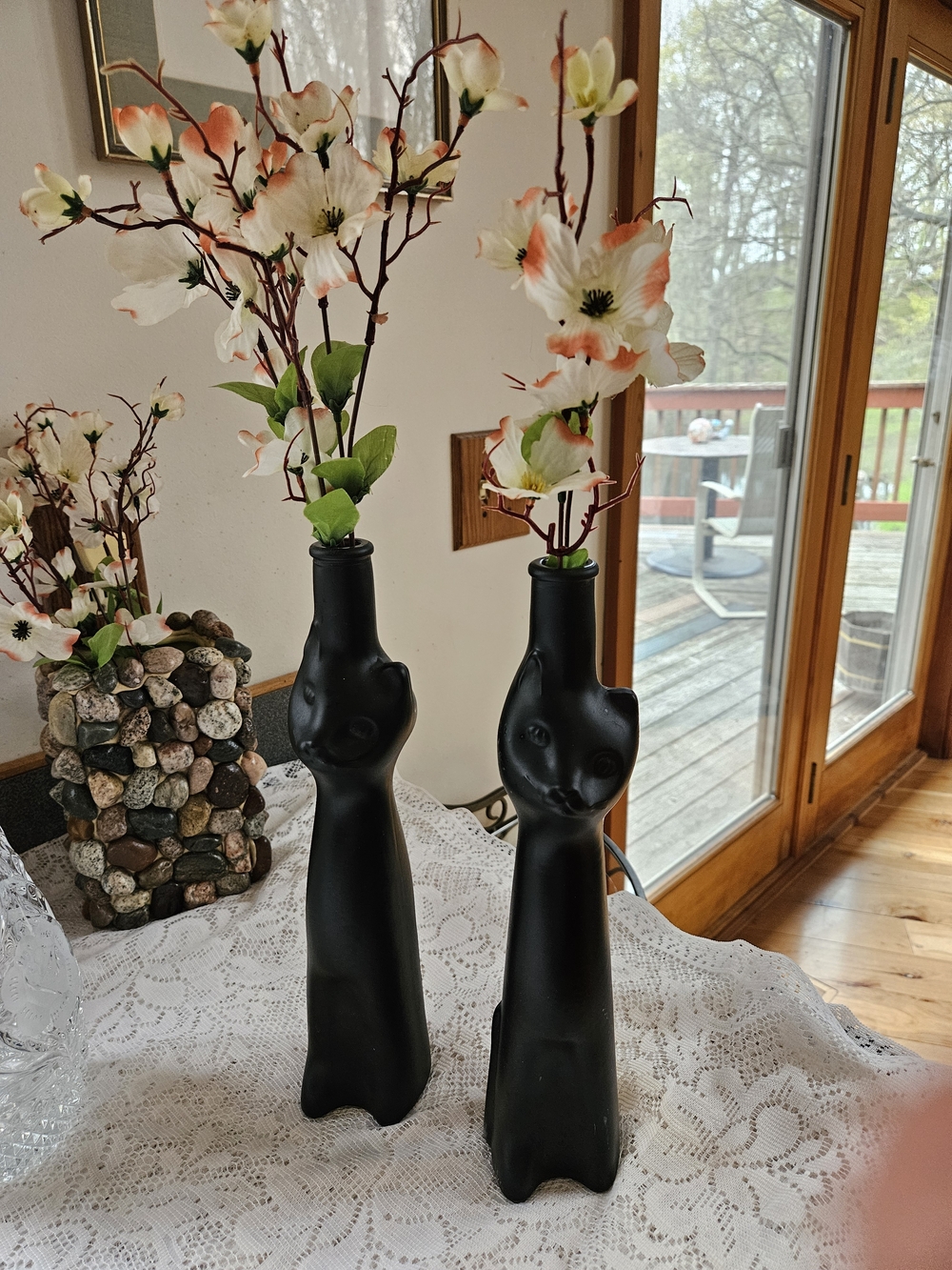 Mosselland Reisling Wine Bottles. Matte Black Cat Vase Pair -